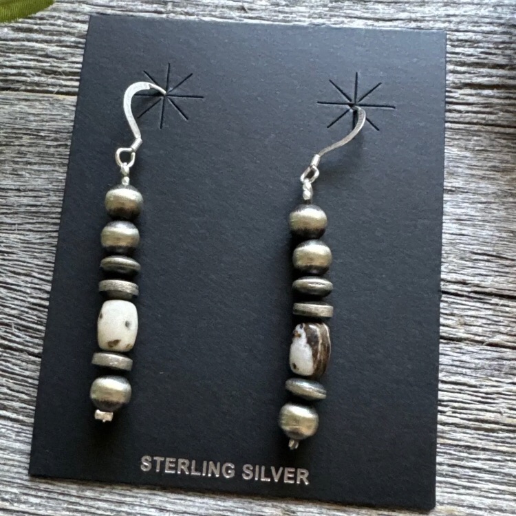 925 Sterling Silver White Buffalo Turquoise 6mm Pearls Bead Earrings 2 Inch
